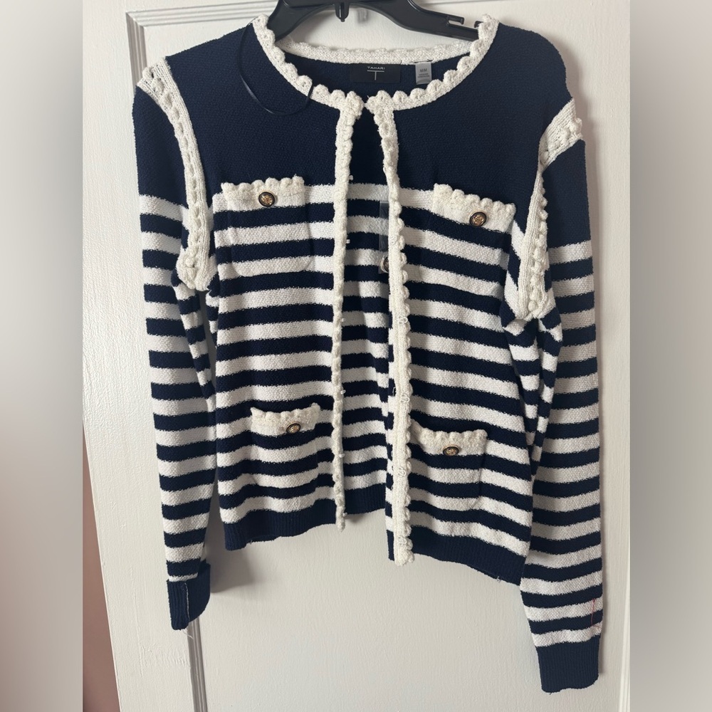 T Tahari Navy and Cream Striped Cardigan